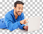 Surprise, laptop and man pointing on studio floor isolated on a