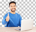 Portrait, laptop and thumbs up with an IT support man at his des