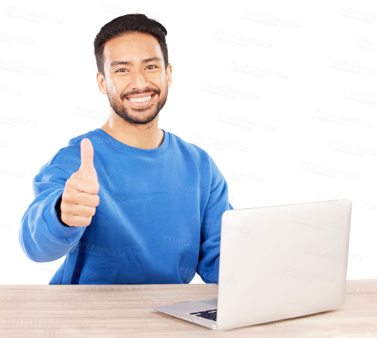 Buy stock photo Laptop, thumbs up and portrait of young man by wooden table doing research on the internet. Smile, happy and Indian male person working on project with computer isolated by transparent png background