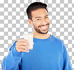 Portrait, man and smile with milk in studio, white background an