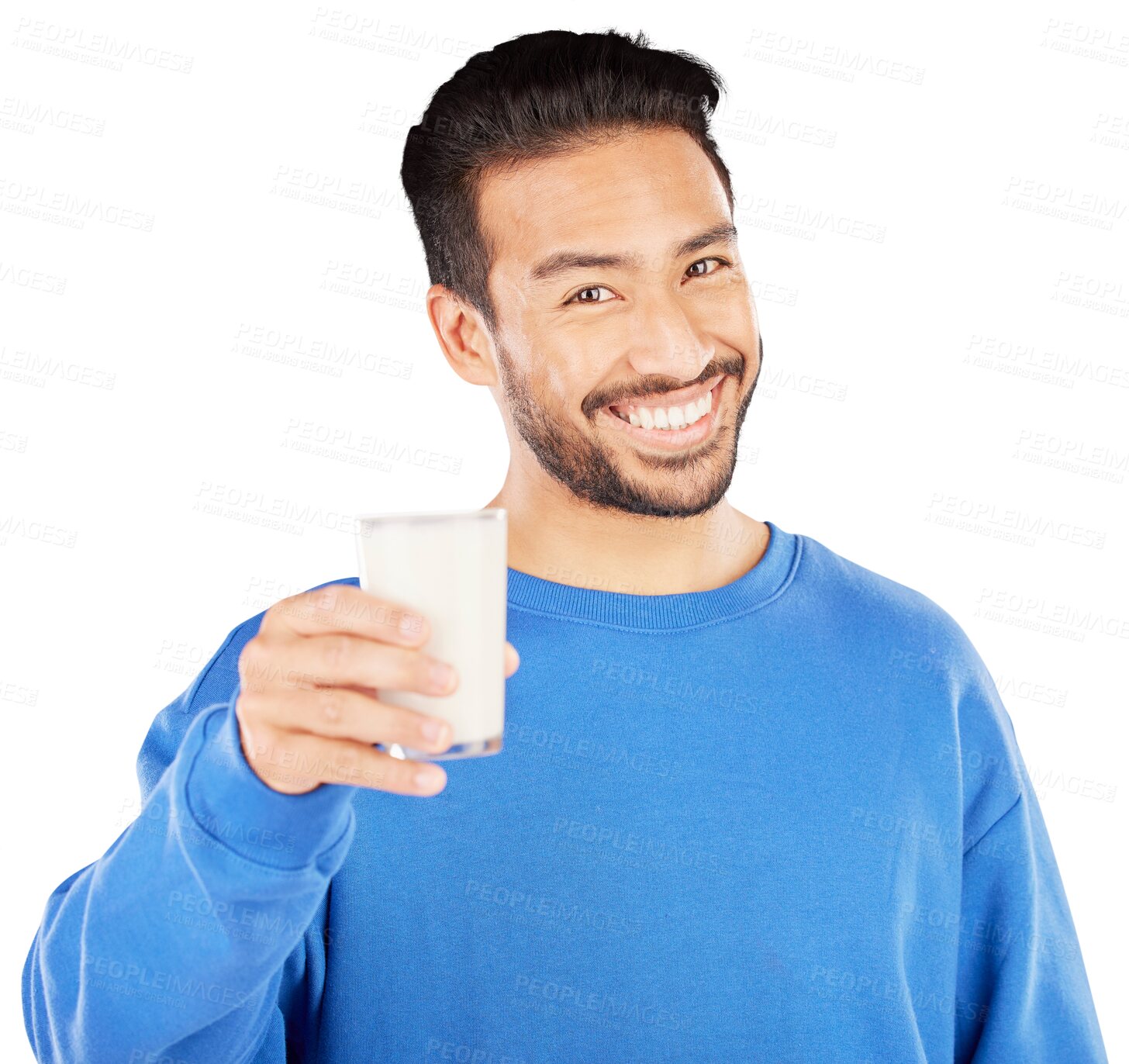 Buy stock photo Happy, glass and portrait of man with milk on isolated, png and transparent background for health. Smile, nutritional benefits and face of person with vanilla drink for calcium, protein and vitamins