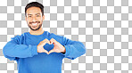 Portrait, heart and hands of man in studio, white background and