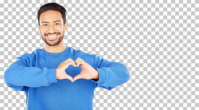 Buy stock photo Portrait, smile and heart hands of love with an indian man isolated on transparent background for health or wellness. Emoji, symbol and gesture with a confident young model on PNG for valentines day