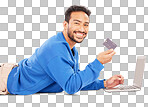 Online shopping, laptop or portrait of happy man with debit card