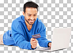 Studio laptop, credit card and happy man online shopping for tec