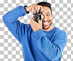 Camera, photographer and portrait of asian man in studio for pho