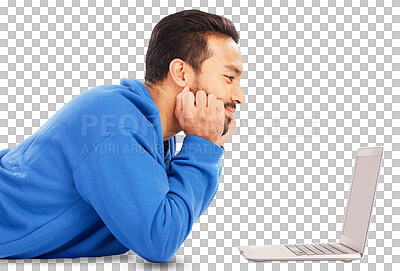 Buy stock photo Laptop, smile and relax with a young man isolated on a transparent background for web browsing. Computer, internet and streaming with a happy young person on PNG to watch a subscription service movie