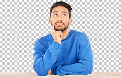 Buy stock photo Thinking, idea and young man brainstorming for a choice, decision or option by wooden table. Planning, memory and Indian male person dreaming for reflection isolated by transparent png background.