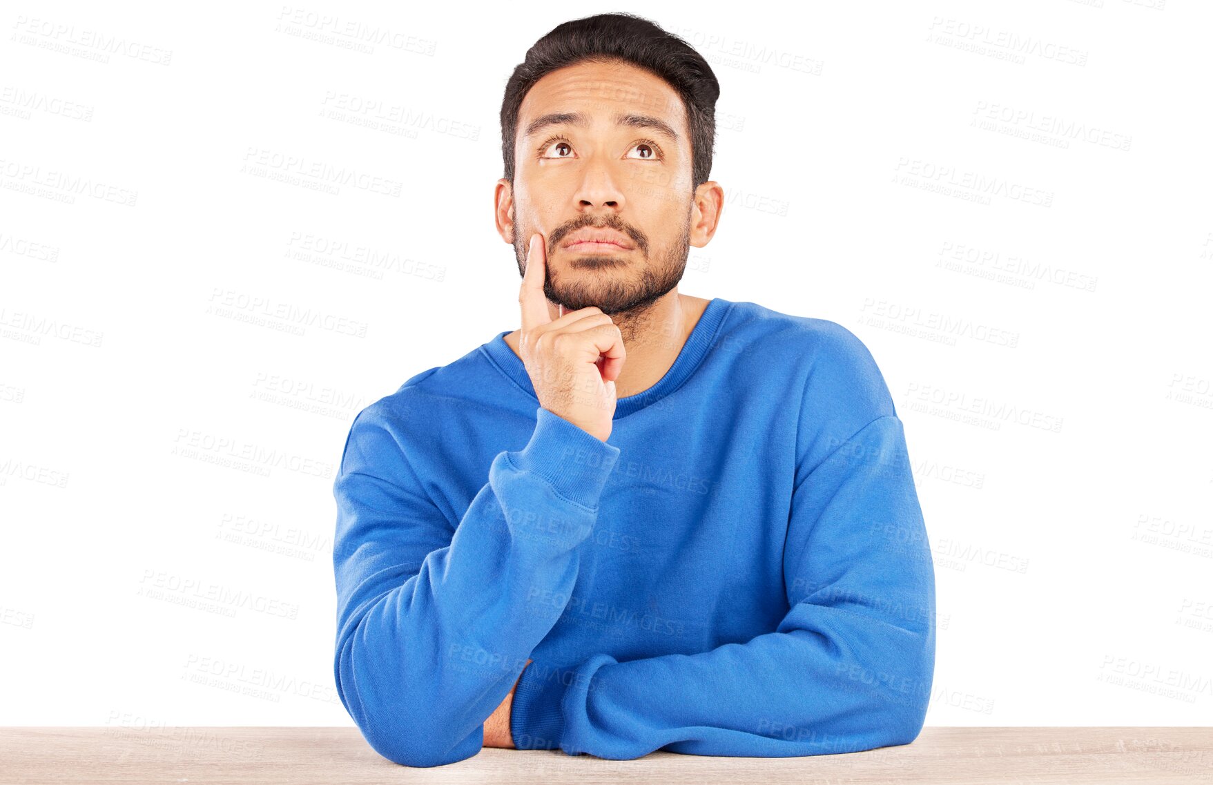 Buy stock photo Thinking, idea and young man brainstorming for a choice, decision or option by wooden table. Planning, memory and Indian male person dreaming for reflection isolated by transparent png background.