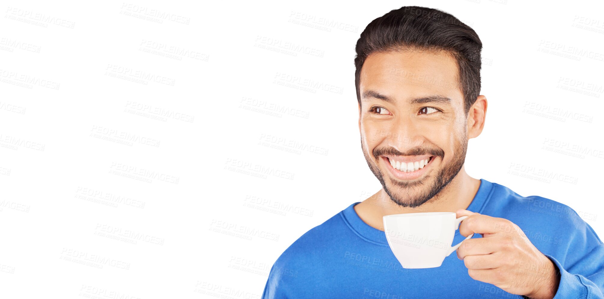 Buy stock photo Happy Asian man with coffee, thinking and isolated on transparent png background planning start to day. Male person with smile, relax with tea cup or morning drink with ideas, insight or reflection.