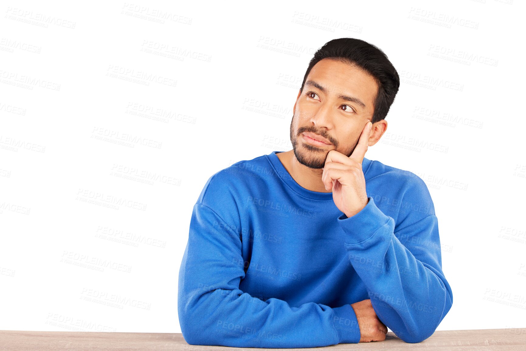 Buy stock photo Planning, idea and young man brainstorming for a choice, decision or option by wooden table. Thinking, memory and Indian male person dreaming for reflection isolated by transparent png background.