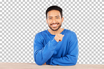 Buy stock photo Portrait, smile and casual with a young indian man sitting at a table isolated on a transparent background. Face, desk and a happy confident person in a blue jersey on PNG with a positive mindset