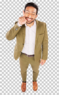 Buy stock photo Businessman, smile and pointing up at promotion, deal or opportunity with announcement from above view. Asian person, entrepreneur or startup in excited face on isolated or transparent png background