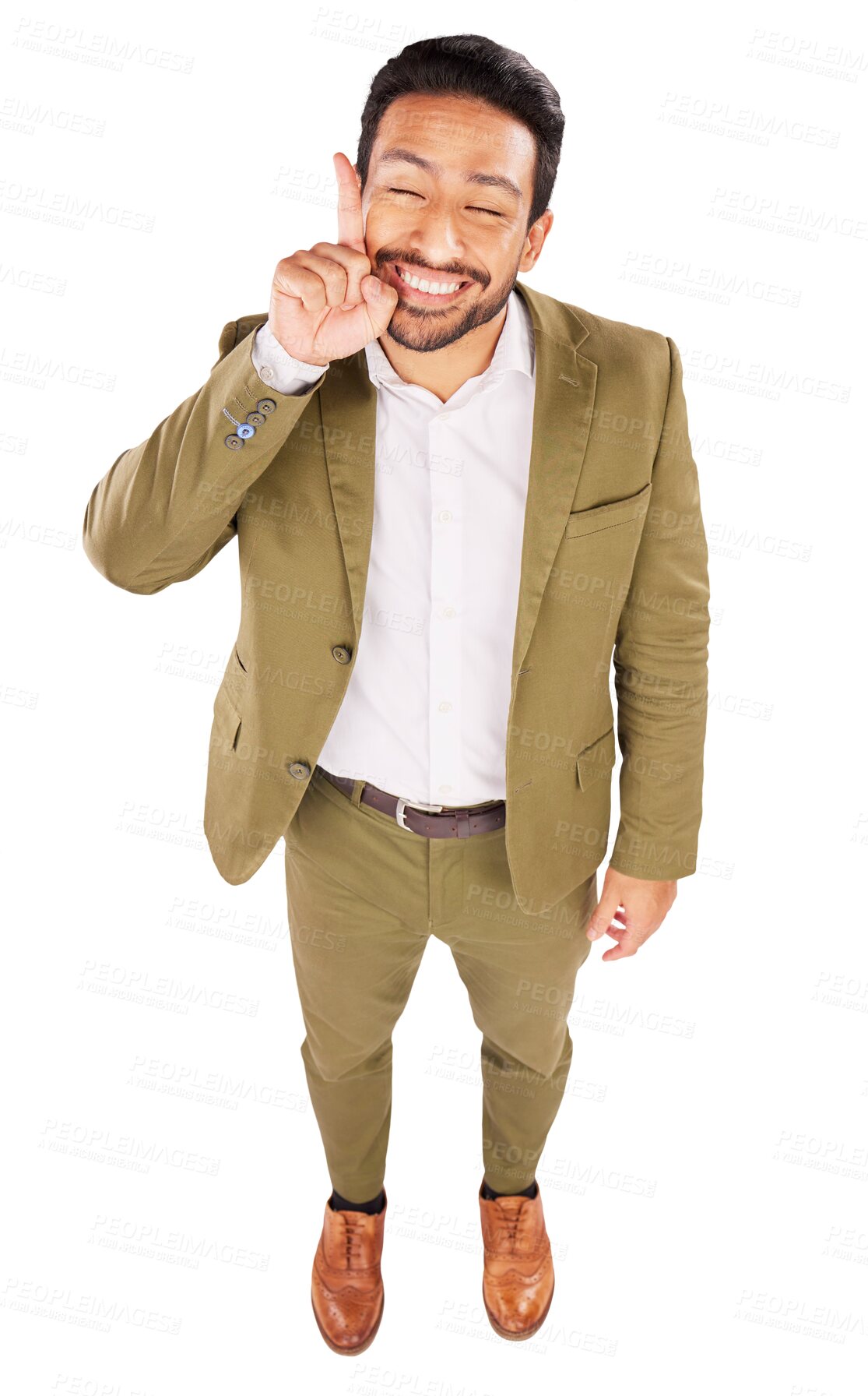 Buy stock photo Businessman, smile and pointing up at promotion, deal or opportunity with announcement from above view. Asian person, entrepreneur or startup in excited face on isolated or transparent png background