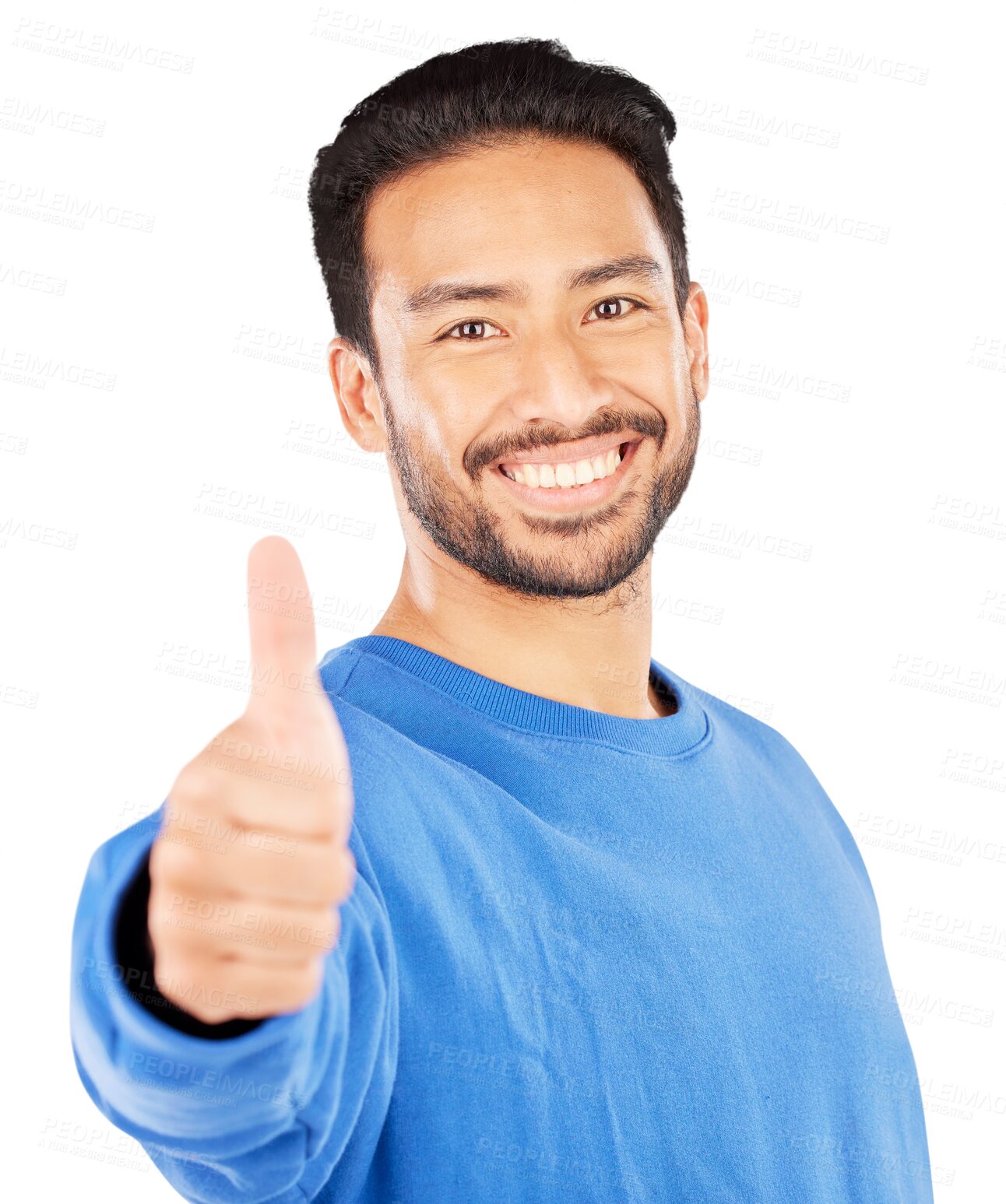 Buy stock photo Smile, thumbs up and portrait of young man with positive, good and confident attitude. Excited, happy and Indian male person with approval hand or ok gesture isolated by transparent png background.