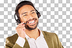 Call center, asian man and smile in studio for customer service,