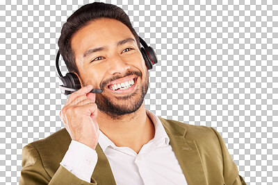 Buy stock photo Call center, man and face with microphone for customer service, CRM questions and telecom advisory isolated on transparent png background. Happy asian salesman, consultant and thinking of IT support 