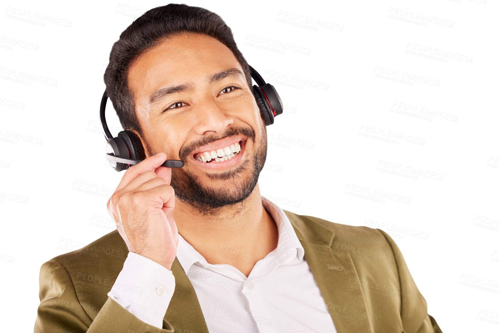 Buy stock photo Call center, man and face with microphone for customer service, CRM questions and telecom advisory isolated on transparent png background. Happy asian salesman, consultant and thinking of IT support 