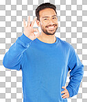 Okay hands, portrait and asian man in studio, isolated white bac