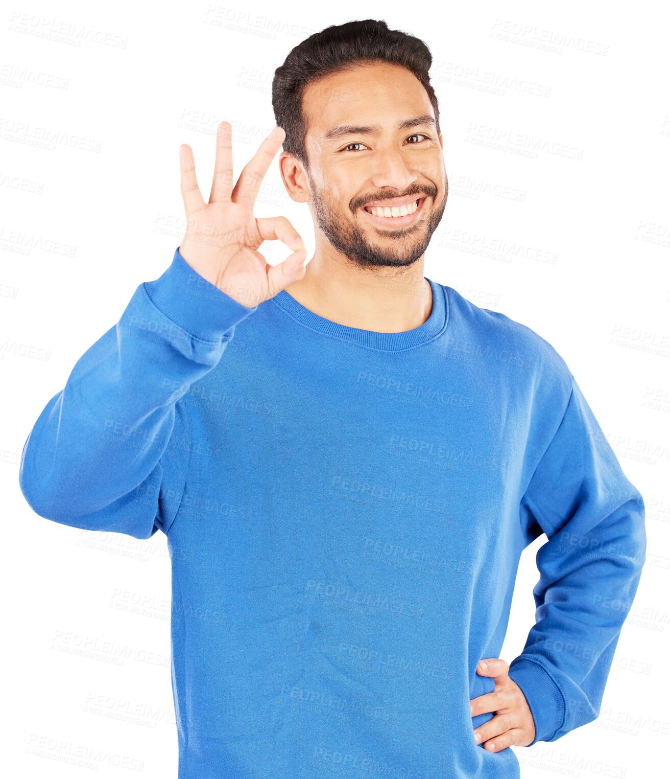 Buy stock photo Asian man, portrait and okay hands for vote, agreement or support with gesture. Male person, model and smile with happiness on isolated or transparent png background for yes emoji, thank you and sign