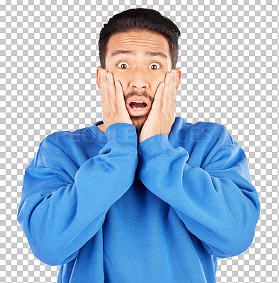 Buy stock photo Asian man, portrait and scared with gesture, face or woo for crazy drama, gossip or fear. Male person, expression and horror emoji for omg, wtf or terror on isolated or transparent png background