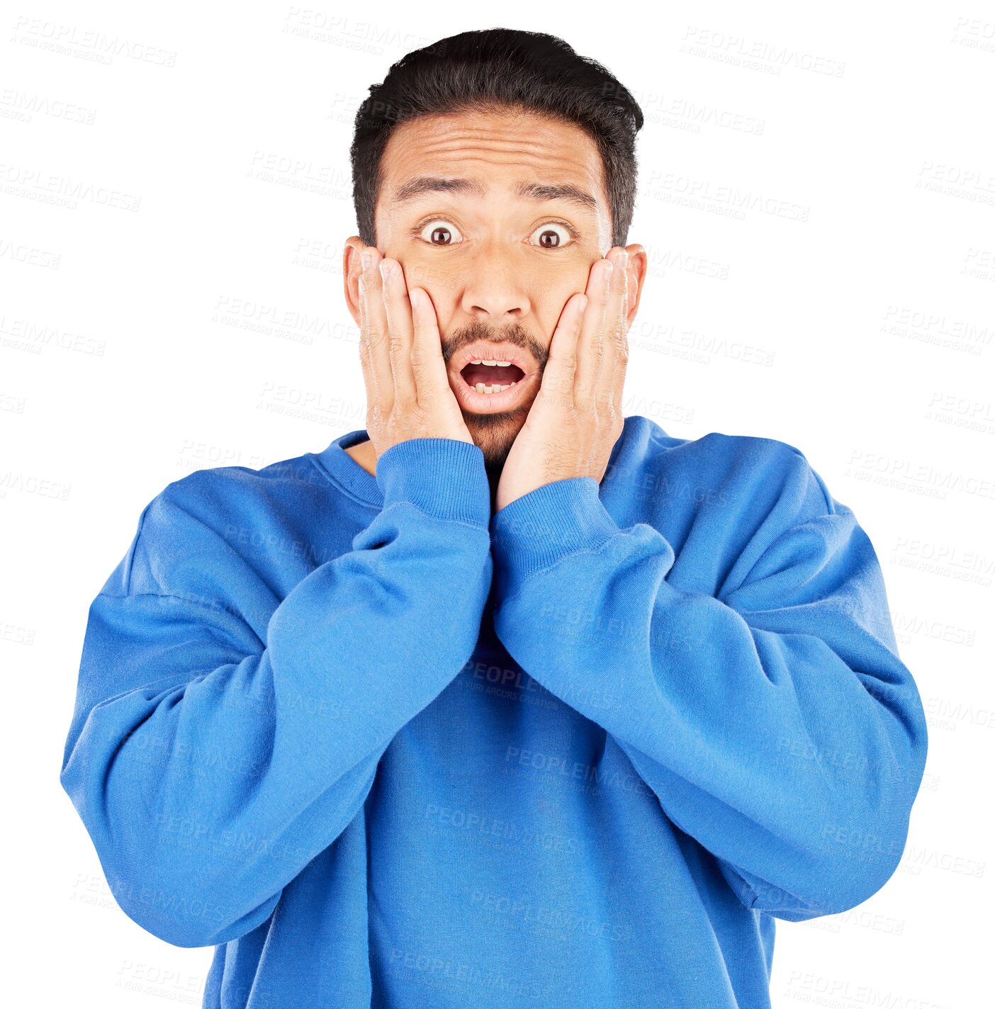 Buy stock photo Asian man, portrait and scared with gesture, face or woo for crazy drama, gossip or fear. Male person, expression and horror emoji for omg, wtf or terror on isolated or transparent png background