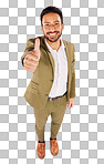 Thumbs up, portrait and happy asian businessman in studio, white