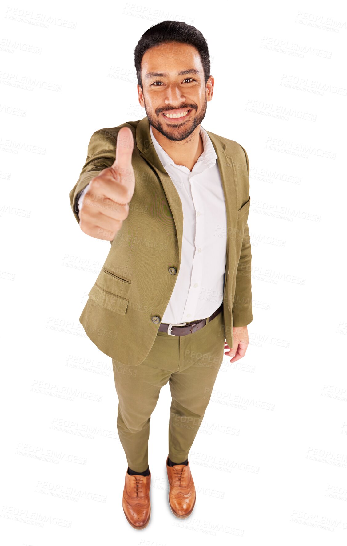 Buy stock photo Smile, thumbs up and portrait of young businessman with positive, good and confident attitude. Happy, professional career and top view of Indian male person isolated by transparent png background.