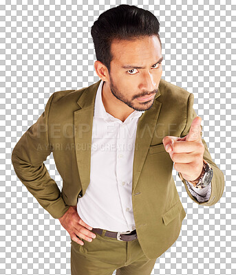 Buy stock photo Portrait, businessman and pointing for scolding, blame and discipline from above view. Asian person, manager and angry with finger wag for serious expression on isolated or transparent png background