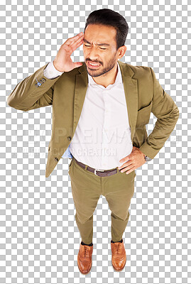 Buy stock photo Businessman, stress and headache for fail, debt or stock market crash from above view. Asian person, trader and burnout for bankruptcy problem on isolated or transparent png background for mistake