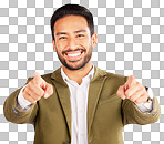 Portrait, asian man and pointing to you in studio, white backgro