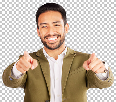 Buy stock photo Business man, portrait and pointing to you for choice, vote for decision or join us for recruitment isolated on transparent png background. Happy asian worker, finger direction or HR offer for hiring