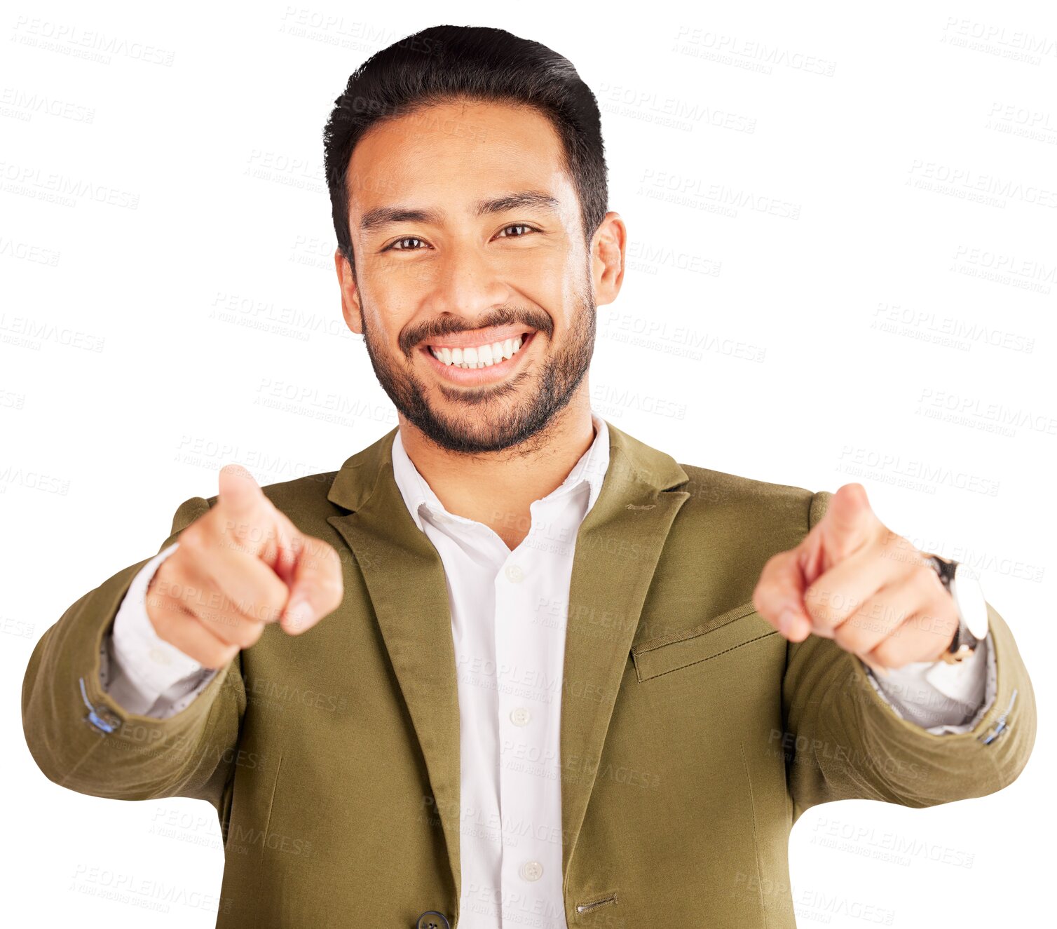 Buy stock photo Business man, portrait and pointing to you for choice, vote for decision or join us for recruitment isolated on transparent png background. Happy asian worker, finger direction or HR offer for hiring