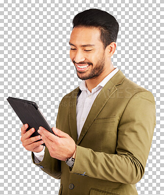 Buy stock photo Internet, smile or business with man, tablet or financial adviser isolated on transparent background. Trading, person or employee with tech, stock market newsletter or png with investment or analysis