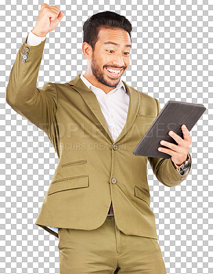 Buy stock photo Happy, celebration and business with man, tablet or investor isolated on transparent background. Finance, person or employee with tech, stock market newsletter or png with achievement, app or excited