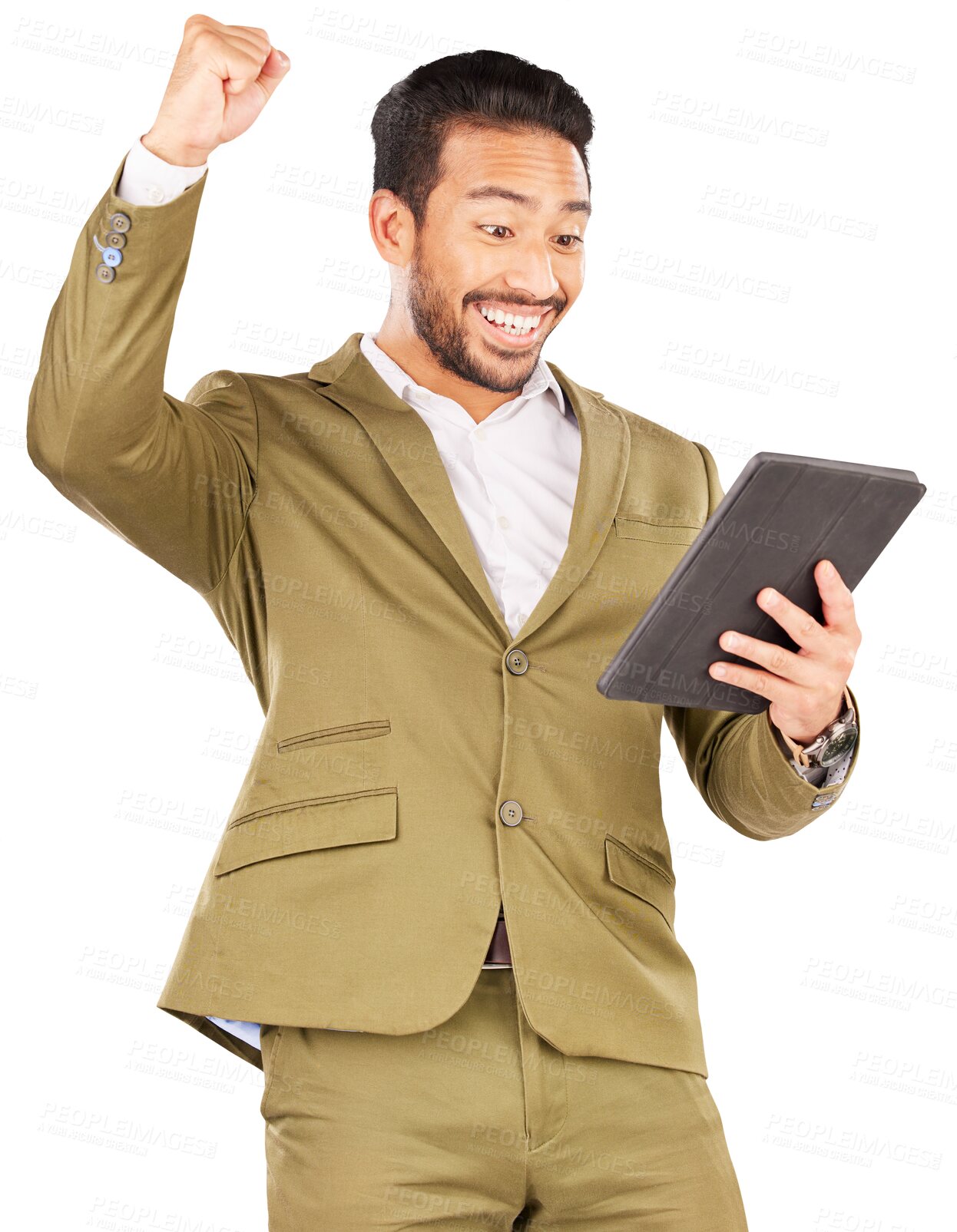 Buy stock photo Happy, celebration and business with man, tablet or investor isolated on transparent background. Finance, person or employee with tech, stock market newsletter or png with achievement, app or excited