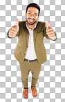 Thumbs up, portrait and happy business man in studio, white back