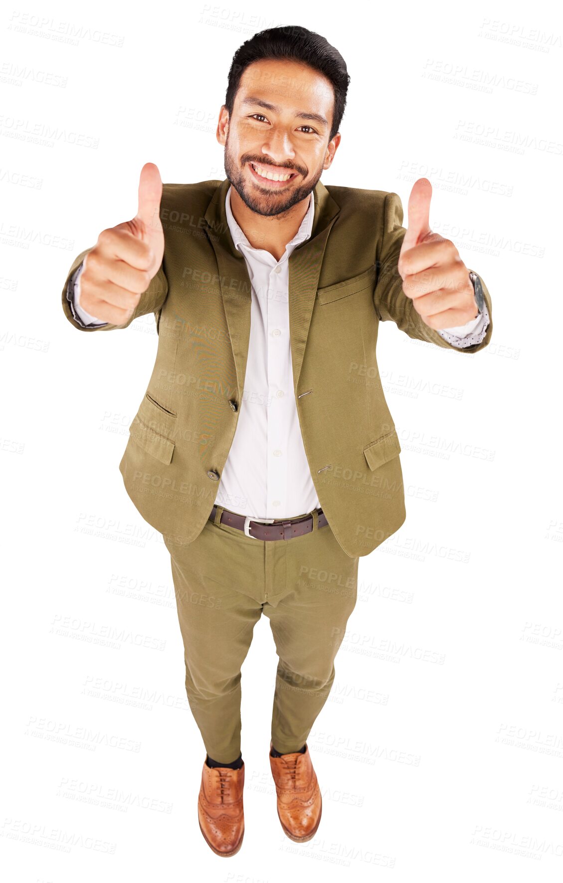 Buy stock photo Happy, thumbs up and portrait of young businessman with positive, good and confident attitude. Smile, professional career and top view of Indian male person isolated by transparent png background.