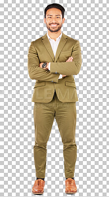 Buy stock photo Asian man, portrait and professional in business fashion or confidence isolated on a transparent PNG background. Businessman or confident employee smile with arms crossed in clothing, attire or style