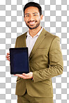 Business man, portrait and tablet mockup on screen in studio, wh