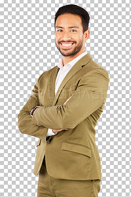 Buy stock photo Happy businessman, portrait and professional in fashion or confidence isolated on a transparent PNG background. Asian man or confident employee smile with arms crossed in business clothing or style