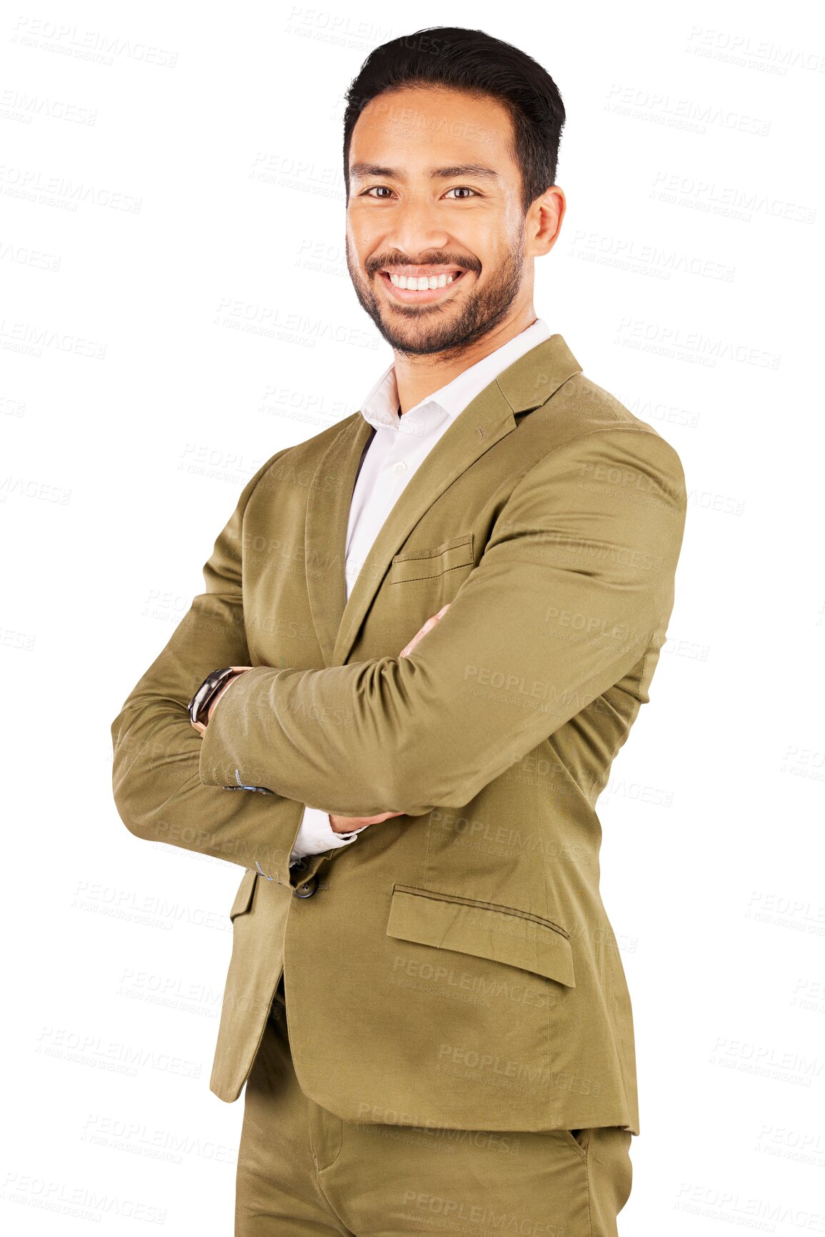 Buy stock photo Happy businessman, portrait and professional in fashion or confidence isolated on a transparent PNG background. Asian man or confident employee smile with arms crossed in business clothing or style