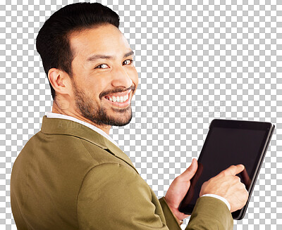 Buy stock photo Portrait, screen and business with man, tablet and investor isolated on transparent background. Face, person and employee with tech, stock market newsletter and png with internet, typing and analysis