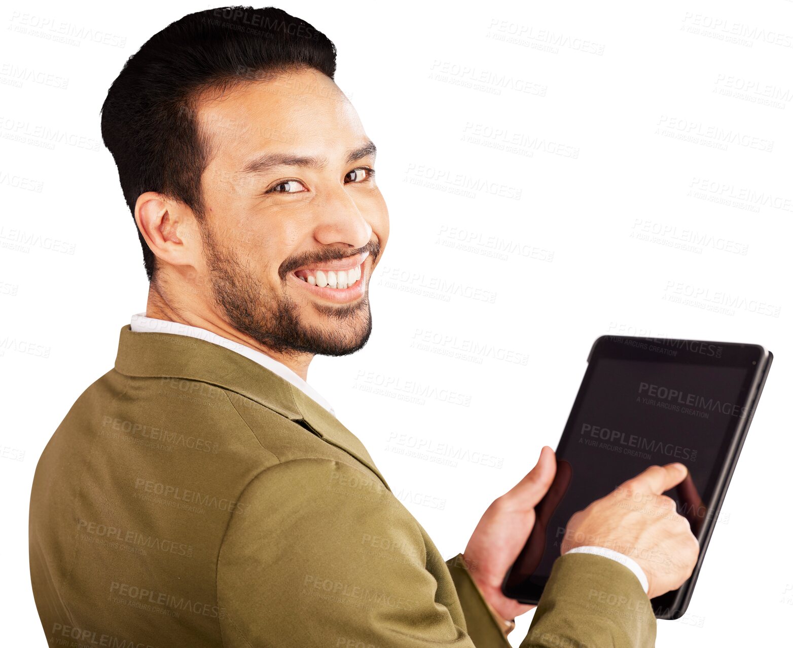Buy stock photo Portrait, screen and business with man, tablet and investor isolated on transparent background. Face, person and employee with tech, stock market newsletter and png with internet, typing and analysis