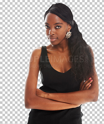 Buy stock photo Woman, arms crossed and portrait for fashion, makeup and confident on isolated transparent png background. Serious, beauty and young with trendy outfit, stylish and cool clothes for blogger
