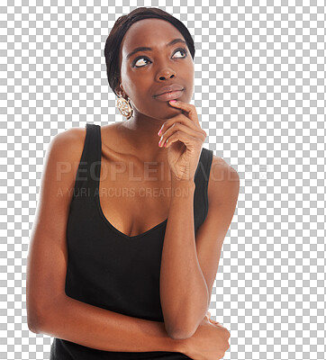 Buy stock photo Woman, thinking and idea for future, fashion and plan for outfit, vision and choice or question. Black female person, wonder and decision for beauty, mind and isolated on transparent png background