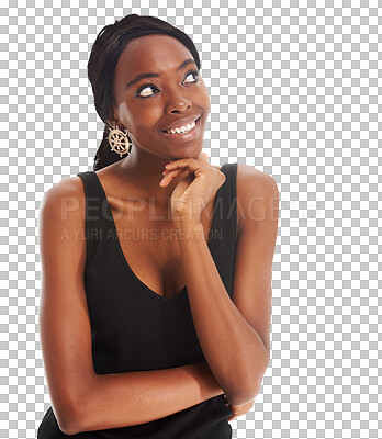 Buy stock photo Woman, thinking and planning for fashion, outfit and ideas or vision, smile and choice or question. Black female person, joy and decision for beauty, mind and isolated on transparent png background