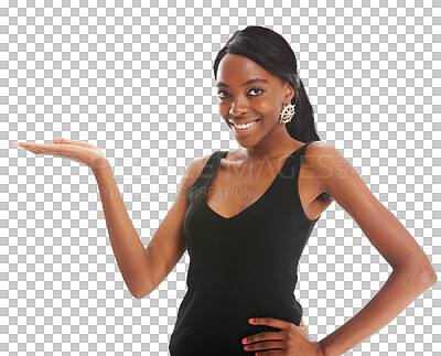 Buy stock photo Portrait, palm and happy black woman advertising, marketing promotion and confidence. Hand, choice and offer for decision, face or sales discount presentation isolated on a transparent png background