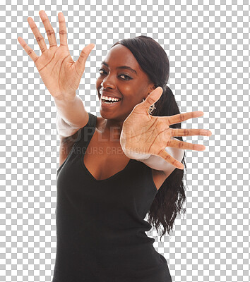 Buy stock photo Portrait of black woman with excited hand sign, smile and model isolated on transparent png background. Face of girl showing palm with happiness, giving positive attitude and promotion of wellness.