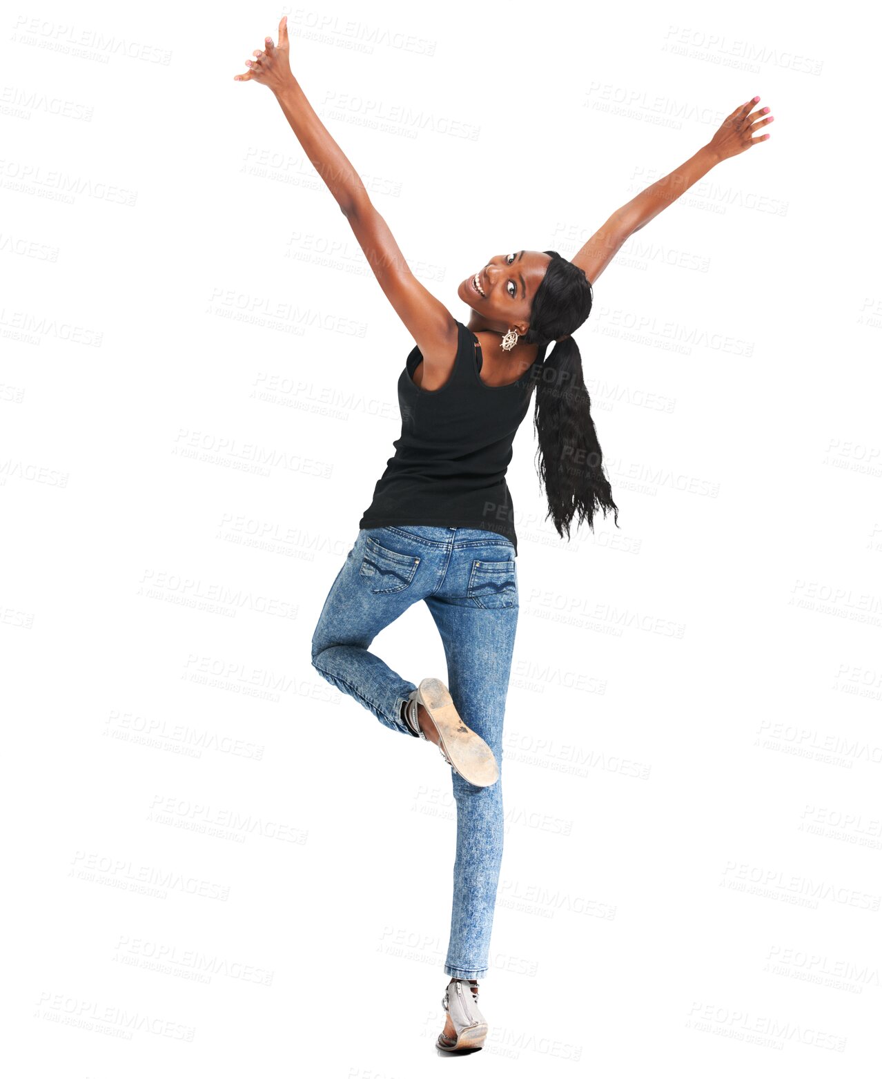 Buy stock photo Black woman, hands in air and back for fashion, portrait and confident on isolated transparent png background. Smile, beauty and young with trendy outfit, stylish and cool clothes for freedom
